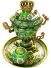 Набор самовар электрический 2 литра с чайником художественная роспись "Солнышко на зеленом фоне", арт. 130293