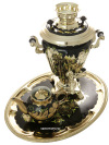 Самовар электрический 3 литра с чайником и подносом, роспись "Золотые цветы на черном фоне" с автоотключением, арт. 161656а