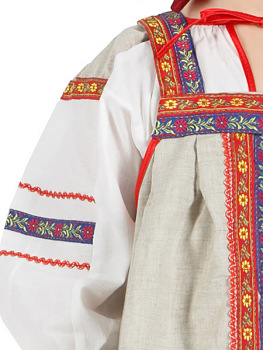 Русский народный костюм детский льняной комплект бежевый "Забава": сарафан и блузка, 7-12 лет