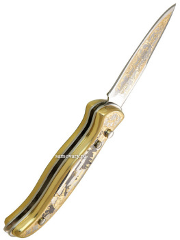 Складной сувенирный нож с кнопкой позолоченный Златоуст
