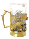 Чайный набор "Медведи" (подстаканник, ложка, блюдце, хрусталь) Златоуст позолоченный