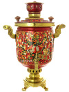 Комбинированный самовар 5 литров с художественной росписью  "Птица, рябина, цветы на красном фоне" в наборе с подносом и чайником, арт. 310540