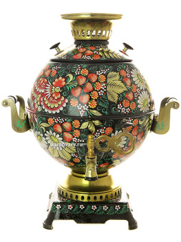 Набор самовар электрический 5 литров "шар" с художественной росписью "Петухи в клубнике", арт. 151397