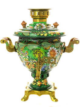 Набор самовар электрический 2 литра с чайником художественная роспись "Солнышко на зеленом фоне", арт. 130293