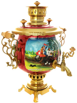 Комбинированный самовар 4,5 литра с художественной росписью "Тройка летняя" в наборе с подносом и чайником, арт. 300001
