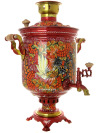 Комбинированный самовар 7 литров с художественной росписью  "Хохлома на красном фоне" в наборе с подносом и чайником, арт. 310536