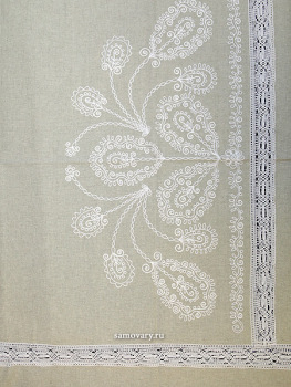 Комплект столового белья серый - лен с вышивкой Вологодским кружевом белого цвета, арт. 6нхп-836