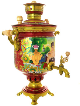 Комбинированный самовар 5 литров с художественной росписью  "Купчиха" в наборе с подносом и чайником, арт. 310541