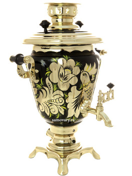 Самовар электрический 3 литра с чайником и подносом, роспись "Золотые цветы на черном фоне" с автоотключением, арт. 161656а