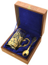 Позолоченный подстаканник чайный "Хозяйка медной горы" с ложкой, хрустальным стаканом в подарочном футляре Златоуст