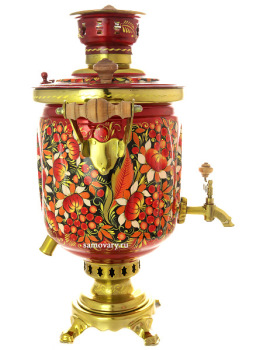 Комбинированный самовар 5 литров с художественной росписью  "Птица, рябина, цветы на красном фоне" в наборе с подносом и чайником, арт. 310540