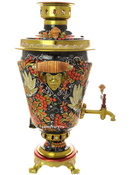 Комбинированный самовар 5 литров с художественной росписью "Хохлома на черном фоне" в наборе с подносом и чайником, арт. 300011