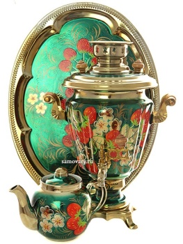 Набор самовар электрический 3 литра с художественной росписью "Красная клубника на зеленом фоне" Тульский, арт. 121212