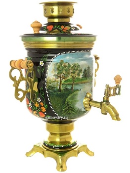Набор самовар электрический 3 литра с художественной росписью "Летний пейзаж с клубникой", цилиндр, арт. 130250