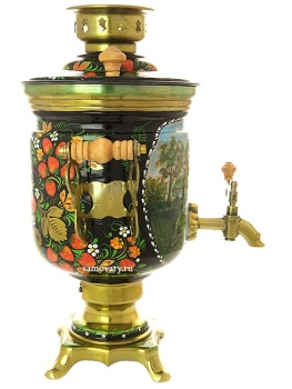 Набор самовар электрический 3 литра с художественной росписью "Летний пейзаж с клубникой", цилиндр, арт. 130250