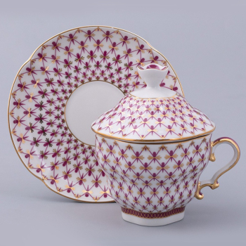 Чайная чашка с крышкой и блюдцем форма "Подарочная-2" рисунок "Сетка-блюз" Императорский фарфоровый завод