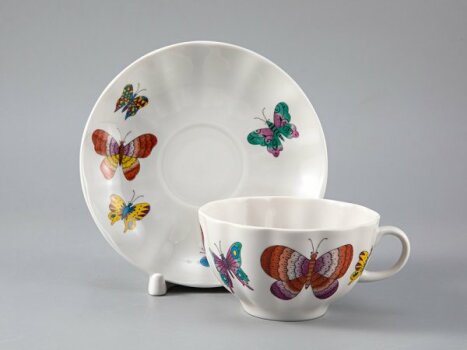 Чашка с блюдцем чайная форма "Тюльпан" рисунок "Шафрановые бабочки" Императорский фарфоровый завод