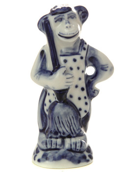 Керамическая Гжельская скульптура Обезьяна с метлой