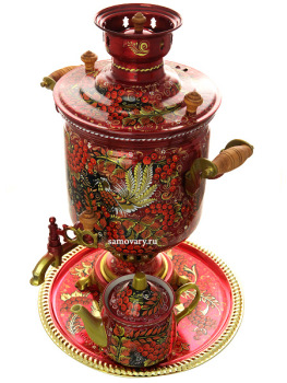 Угольный самовар 5 литров с художественной росписью "Хохлома на красном фоне мелкая" "цилиндр" в наборе , арт. 220762