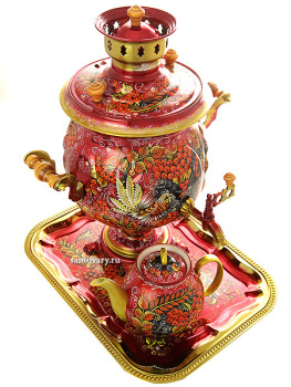 Комбинированный самовар 4,5 литра "шар" с художественной росписью "Хохлома на красном фоне" в наборе с чайником и подносом, арт. 311500