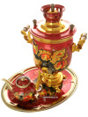 Набор самовар на углях 5 литров "цилиндр" с художественной росписью "Золотые цветы на бордовом фоне", арт. 250790