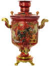 Угольный самовар 7 литров с художественной росписью "Хохлома на красном фоне мелкая" "цилиндр" в наборе , арт. 220765