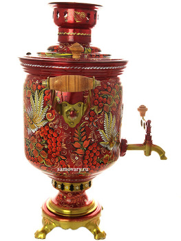Угольный самовар 7 литров с художественной росписью "Хохлома на красном фоне мелкая" "цилиндр" в наборе , арт. 220765